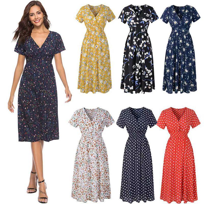 Women Neck V Boho Floral Midi Dress Short Sleeve Summer Beach Sundress Casual