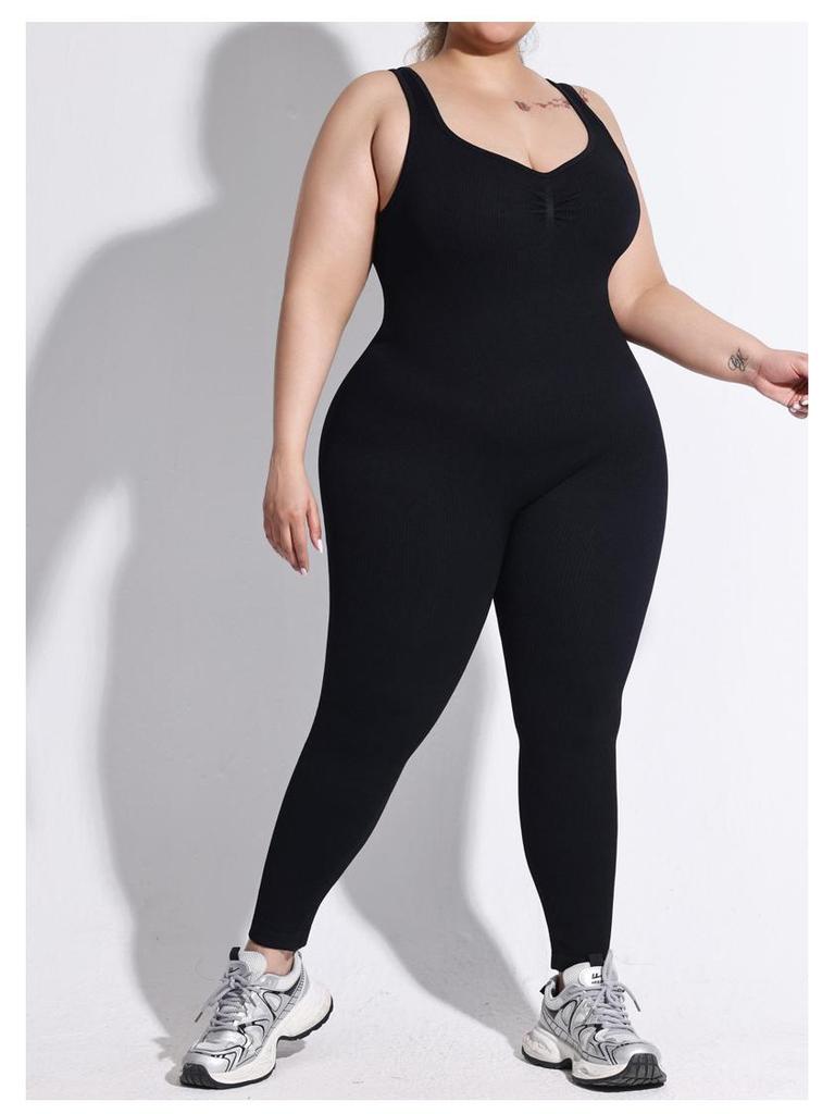 Plus Size Ribbed Backless Jumpsuit: Double Shoulder Strap, Body Shaping, Seamless Hip Lifting Yoga Wear