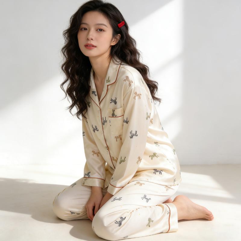 European Style Elegant Classy Trendy Female Lounges Aesthetics Horse Print Spring Summer Sleepwear for Women Sweet Pajamas