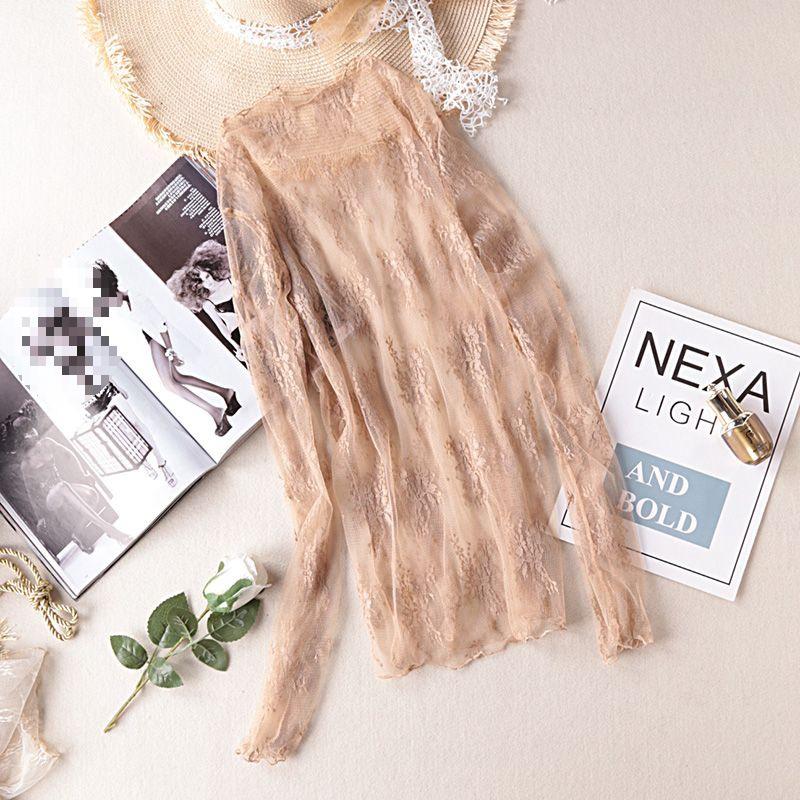 Damen Langarm Spitzen-Mesh-Top - Vielseitig, Trendy, Koreanischer Stil, Plus Samt Modisches Elasthan für Herbst/Winter.