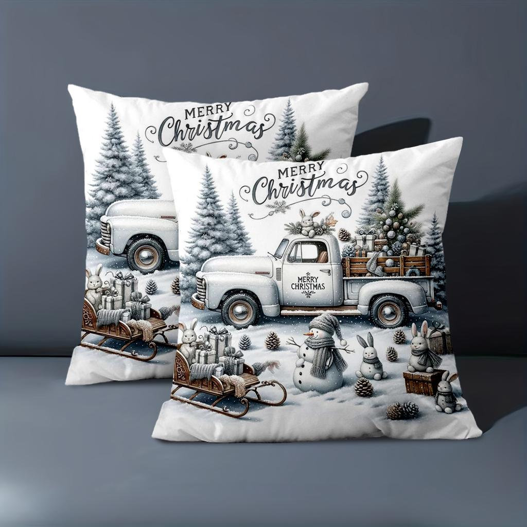 1 Pieces Christmas Snow Truck Rabbit Sled Pillow Covers Polyester Pillowcase, Sofa Decorative Cushion Cov Headboard Pillow