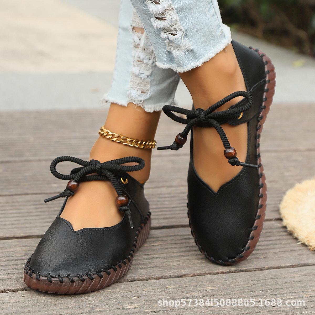 

European and American large size retro round head small leather shoes women s outer wear 2025 summer foreign trade fashion soft sole casual shoes 36 чёрный