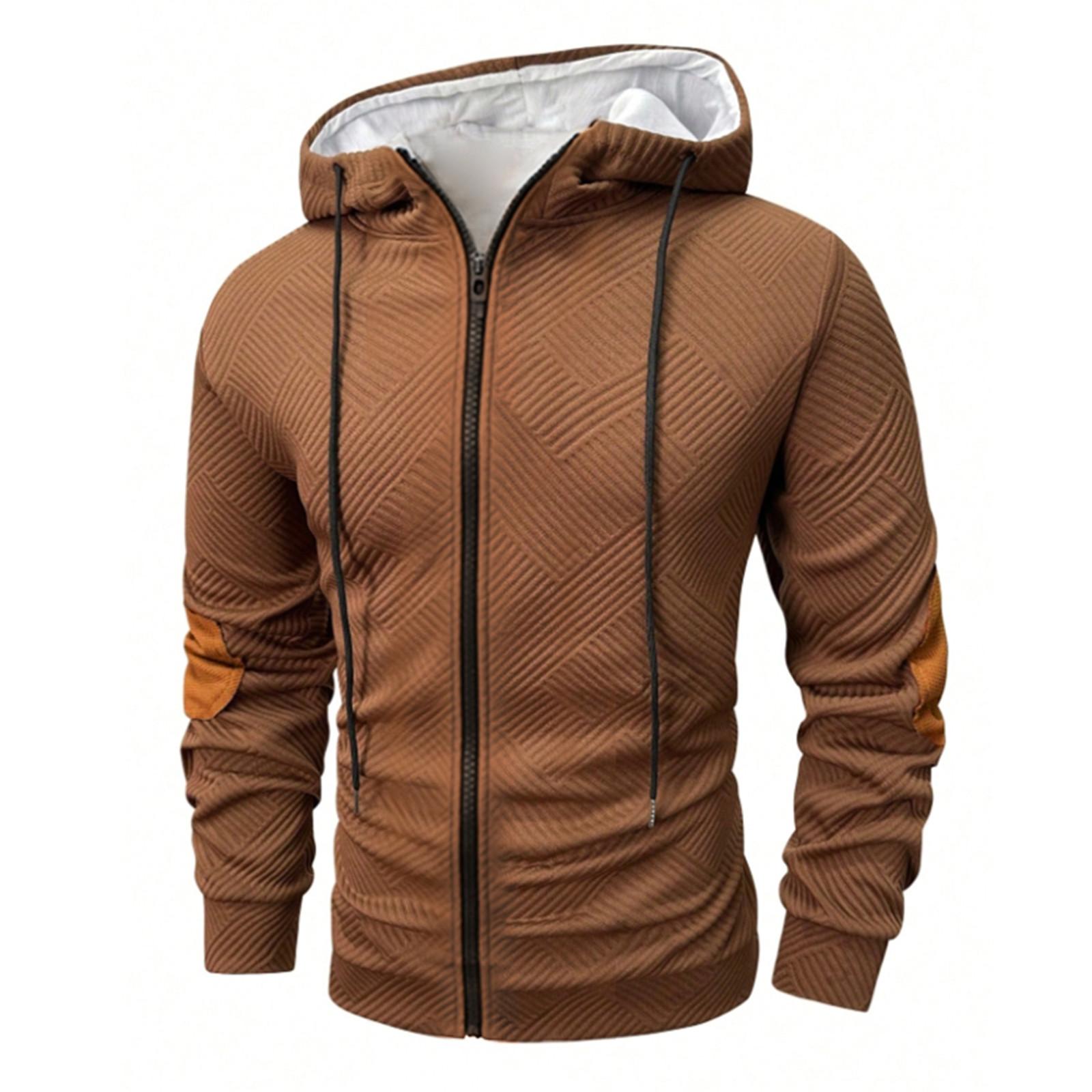 

Мужская повседневная толстовка с капюшоном на молнии с контрастной строчкой, легкие весенне-осенние худи для спорта M коричневый