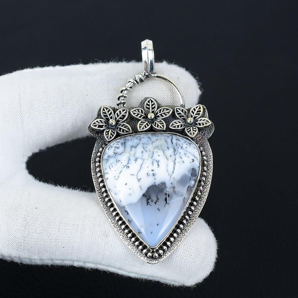 Natural Dendrite Opal Gemstone Silver Pendant in 925 Sterling Silver- Handmade Flower Design, Everyday Wear Jewelry, Unique Pendant Thanksgiving Gift