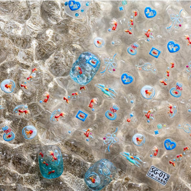 Shiny Goldfish Plastic Bag Seahorses Summer Jellyfish Starfish Shell Conch Koi Water Bubble Star Carp Nail Art Stickers Decals
