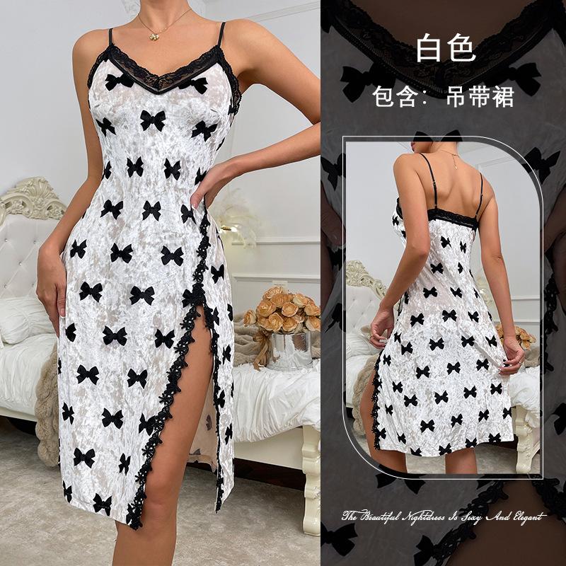 

Сексуальная бархатная ночная рубашка с принтом, ночная рубашка с разрезом и подтяжками, кружевной стежковый костюм L