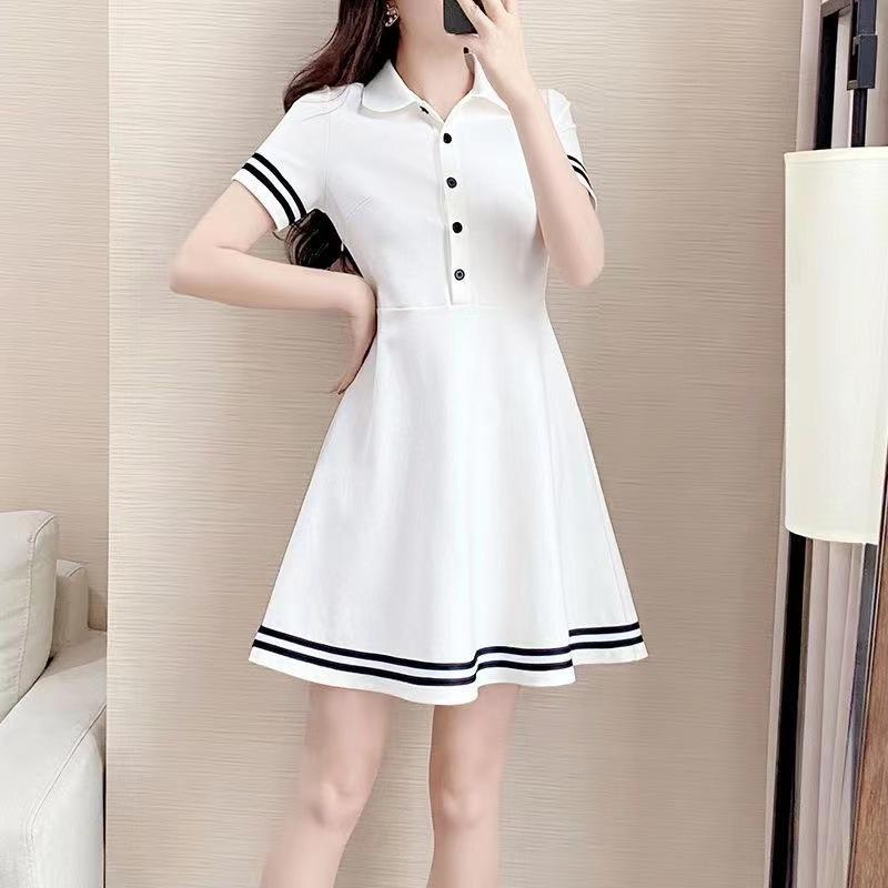 Women Summer Polo Collar Short Sleeve A‑Line Dress Casual Mid‑Length T‑Shirt Dress Slim Hide Belly Office Commuter Dress