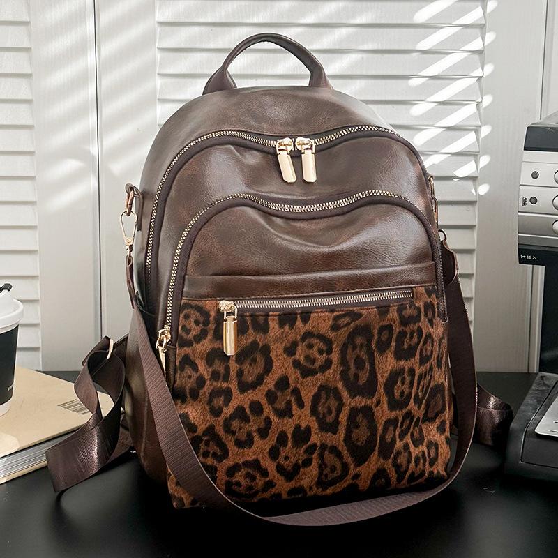 Vintage Rucksack mit Leopardenmuster Weiches Leder Damen Rucksack mit großer Kapazität