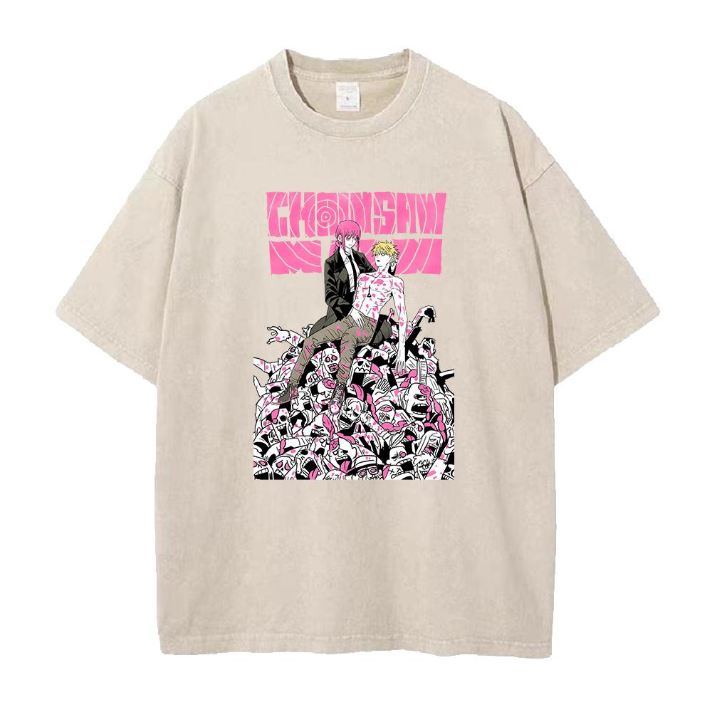Anime Chainsaw Man Tshirt Denji Makima Print T Shirt Men Women Clothing Short Sleeve Cotton Tee Vintage Washed Oversized Tshirt