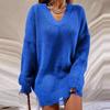 Women's V-Neck Chunky Knit Sweater, Ribbed Detail Oversized Pullover with Distressed Design, Boho Chic Loose Fit Top for Casual Comfort
