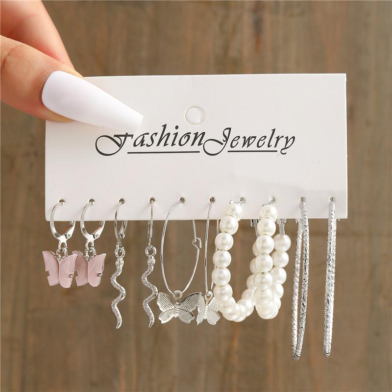 Silver Color Butterfly Earrings Set For Women Girls Vintage Pearl Circle Geometric Twist Hoop Earrings Trendy Jewelry Gifts
