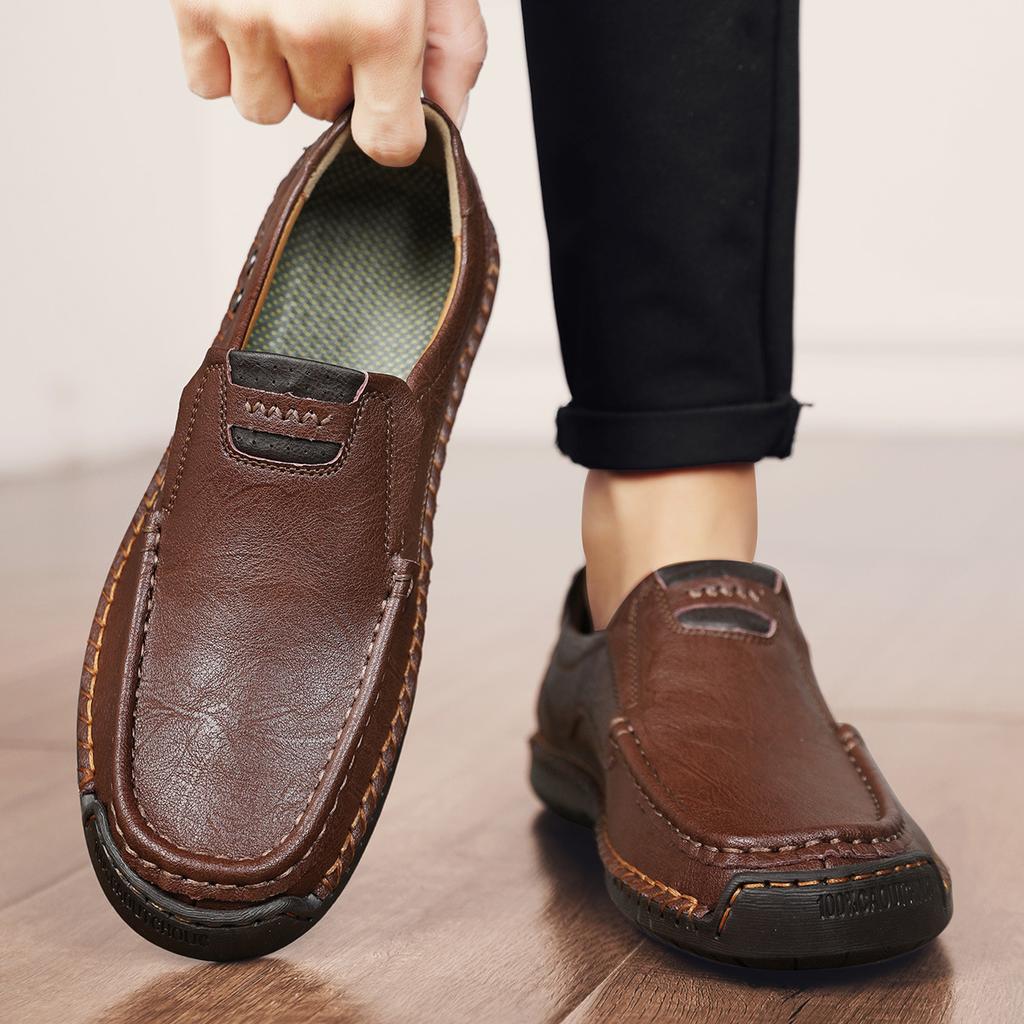 Large Size Men's Shoes 2025 New Handmade Leather Loafers Men's One-pedal Soft-soled Beanie Shoes 464748