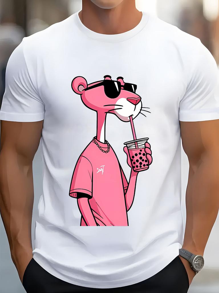 [ Retro Hiphop Tee] Casual  T-Shirt - Milk Tea Leopard Print, Crew Neck, Short Sleeve, All-Season Knit Fabric, Regular Fit