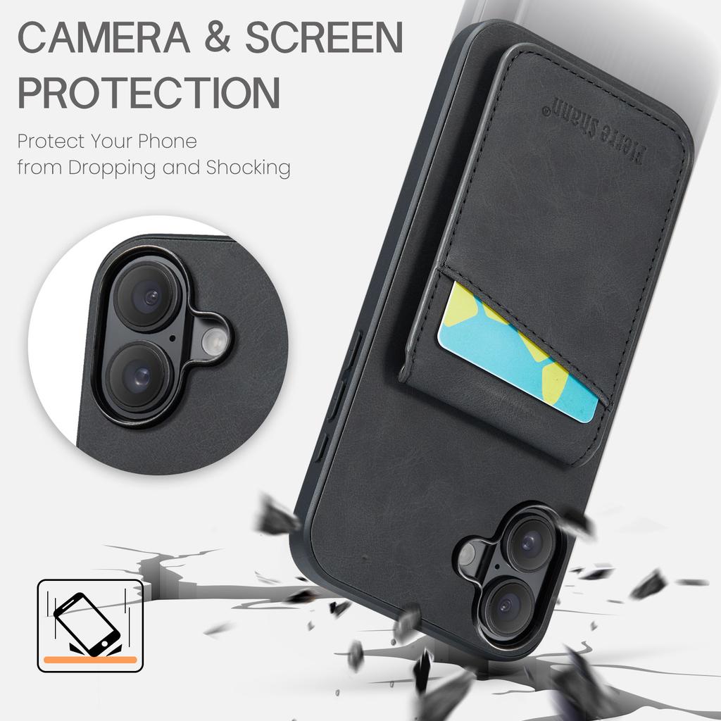 FIERRE SHANN For iPhone 16 Plus Case Card Holder Kickstand Leather RFID Blocking Back Cover