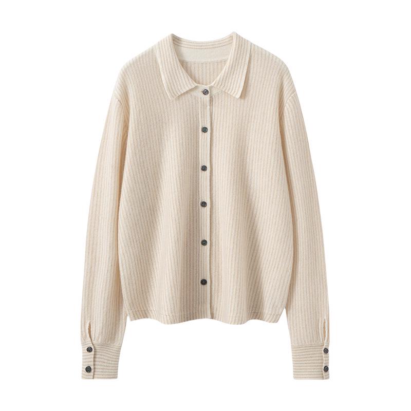Women's Pure Cashmere Stripe Knit Polo Collar Cardigan Sweater - Autumn/Winter Long Sleeve