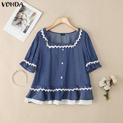 Womens Casual Square Neck Lace Hem Short Sleeve Blouse