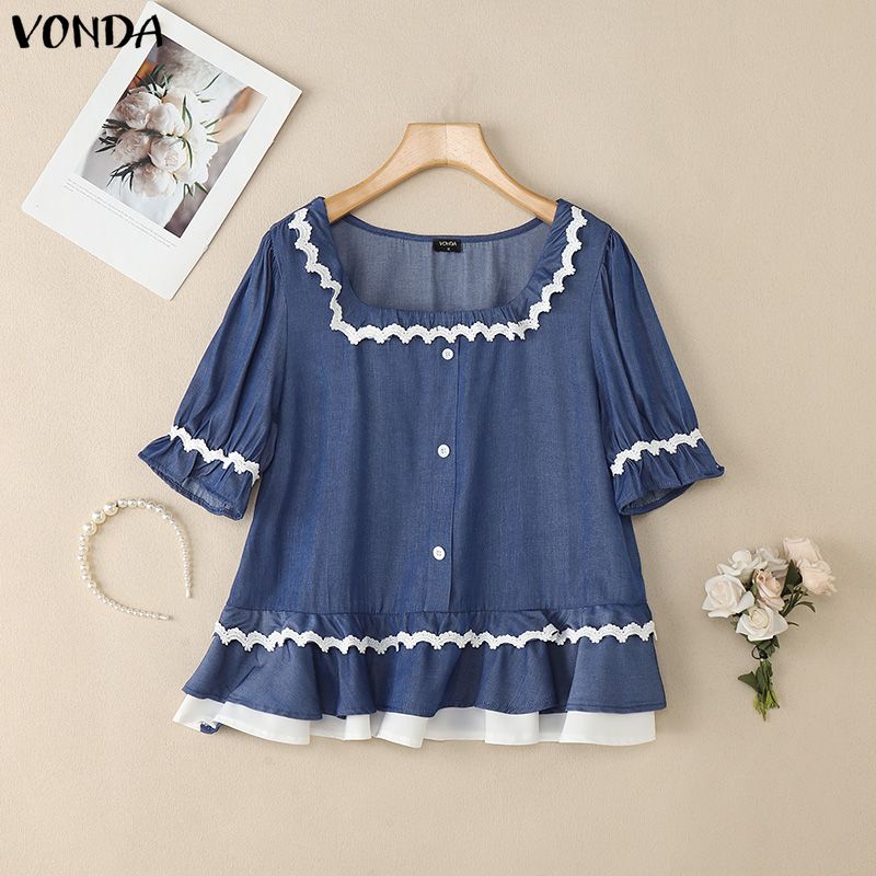 VONDA  Womens Casual Square Neck Lace Hem Short Sleeve Blouse