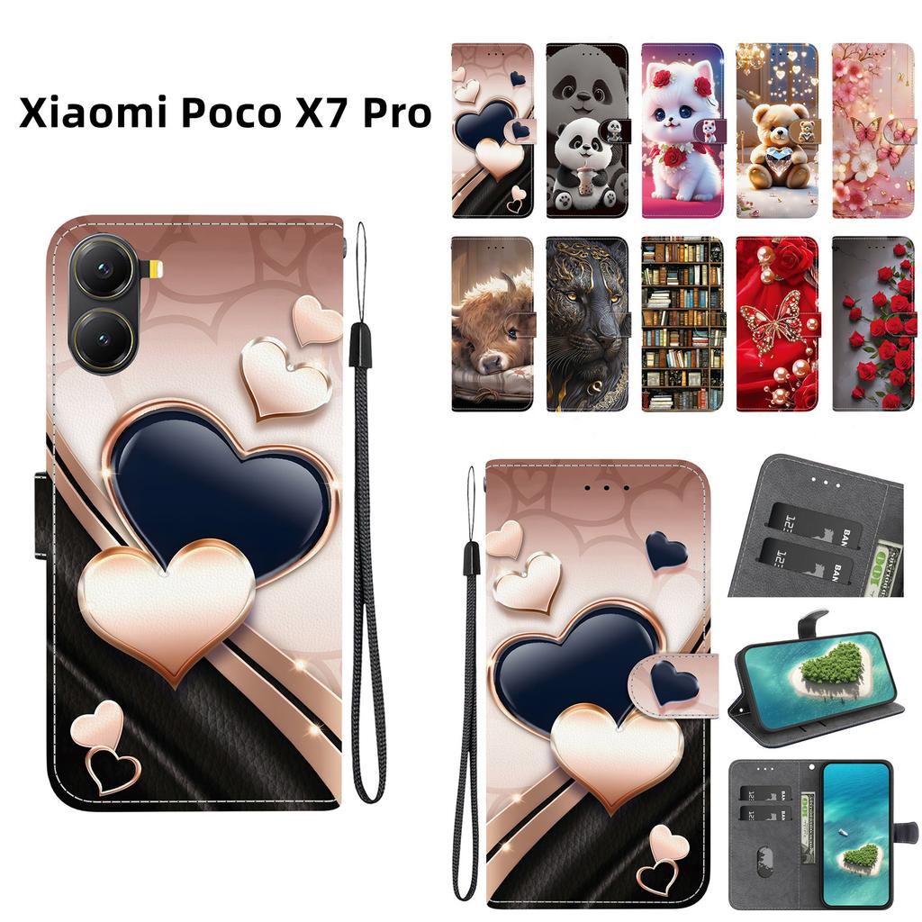 Handmade PU Leather Flip Case for Xiaomi Poco X7 Pro Anti-Slip Shockproof Cover with Wrist Strap & Heart/Rose Cat Designs