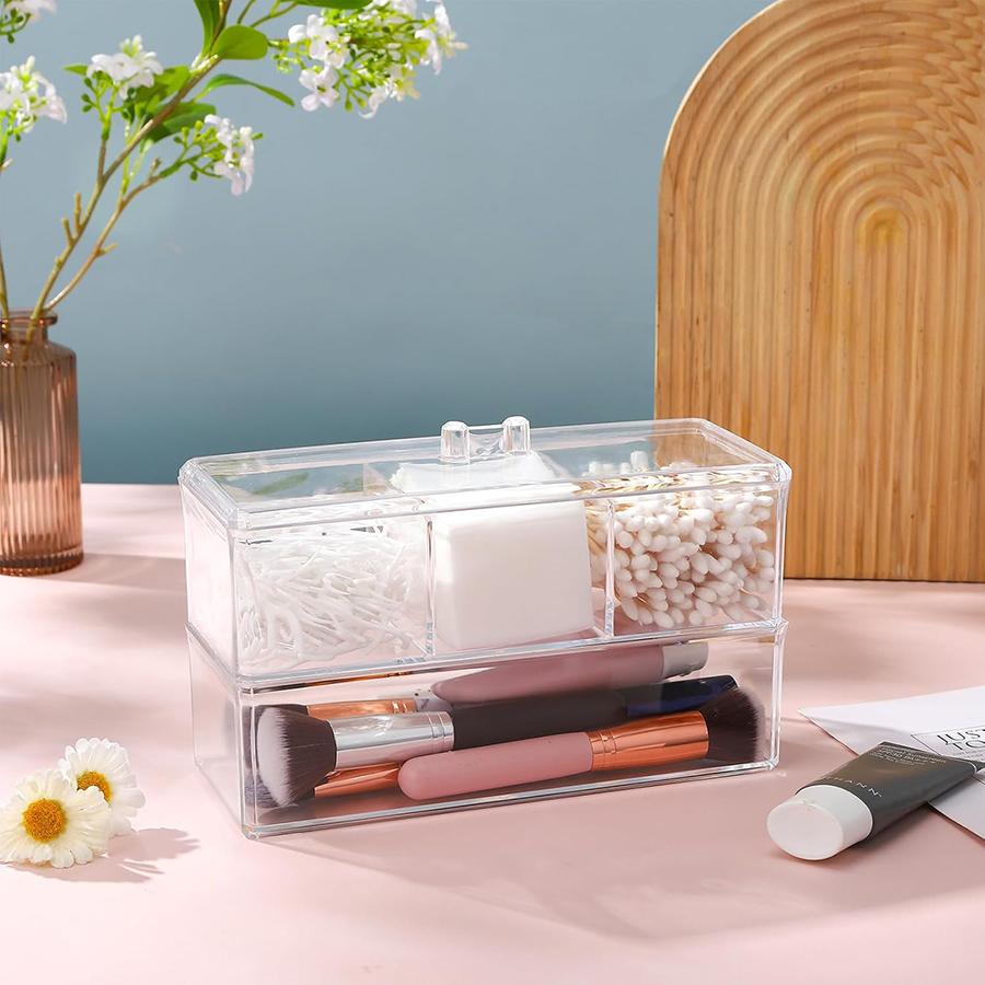 Clear Bathroom Dresser Organizer Cotton Ball Swab Holder with 3 Divided Compartments, Storage Containers, Vanity Makeup Organiza