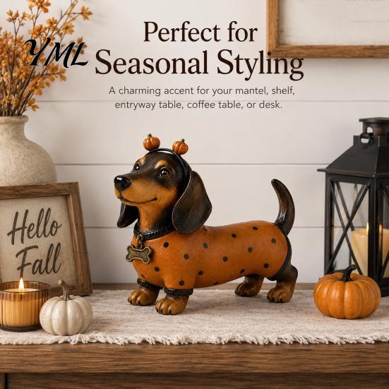 Small Ornament for Fireplace Fall Harvest Dachshund Figurine, Halloween Statue with Pumpkin Headband Polka Seasonal Window Display Accents Dot Outfit,