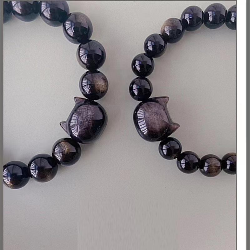1pc Natural Obsidian Beaded Bracelet for Women, Cute Cat Head Black Crystal Bracelet, Handmade Elastic Gemstone Bangle, Dainty Protection Jewelry Gift