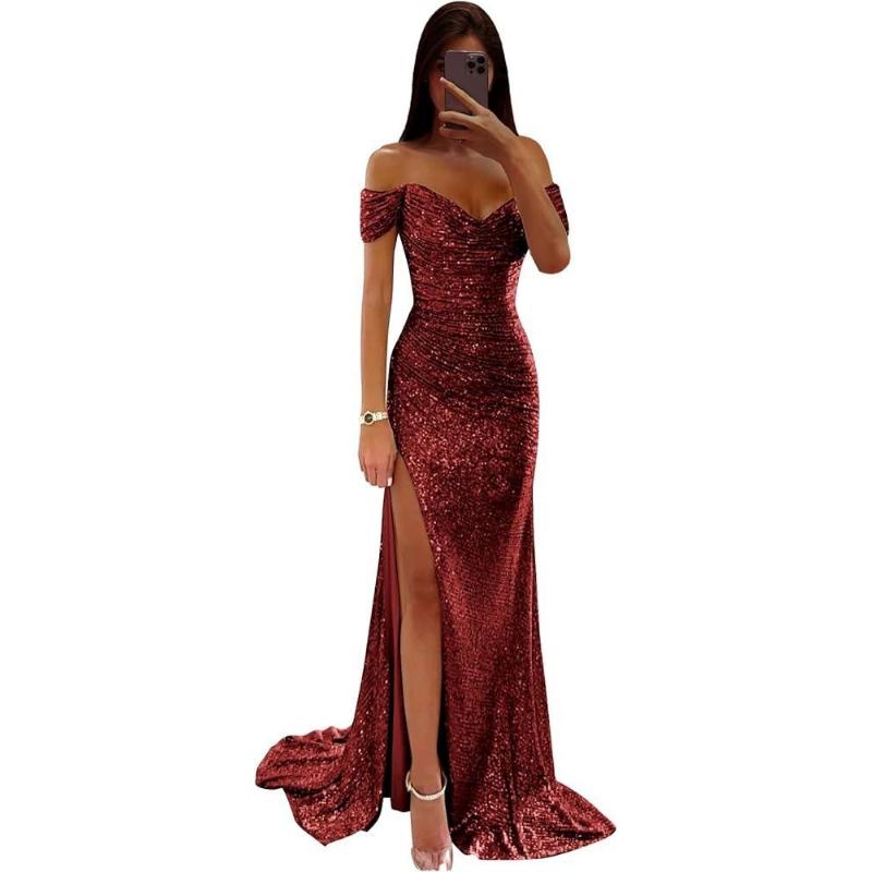 New Women's Off Shoulder Sequin Evening Dress High Slit Bodycon Maxi Party Gown for Formal Cocktail Prom Wedding Guest Events