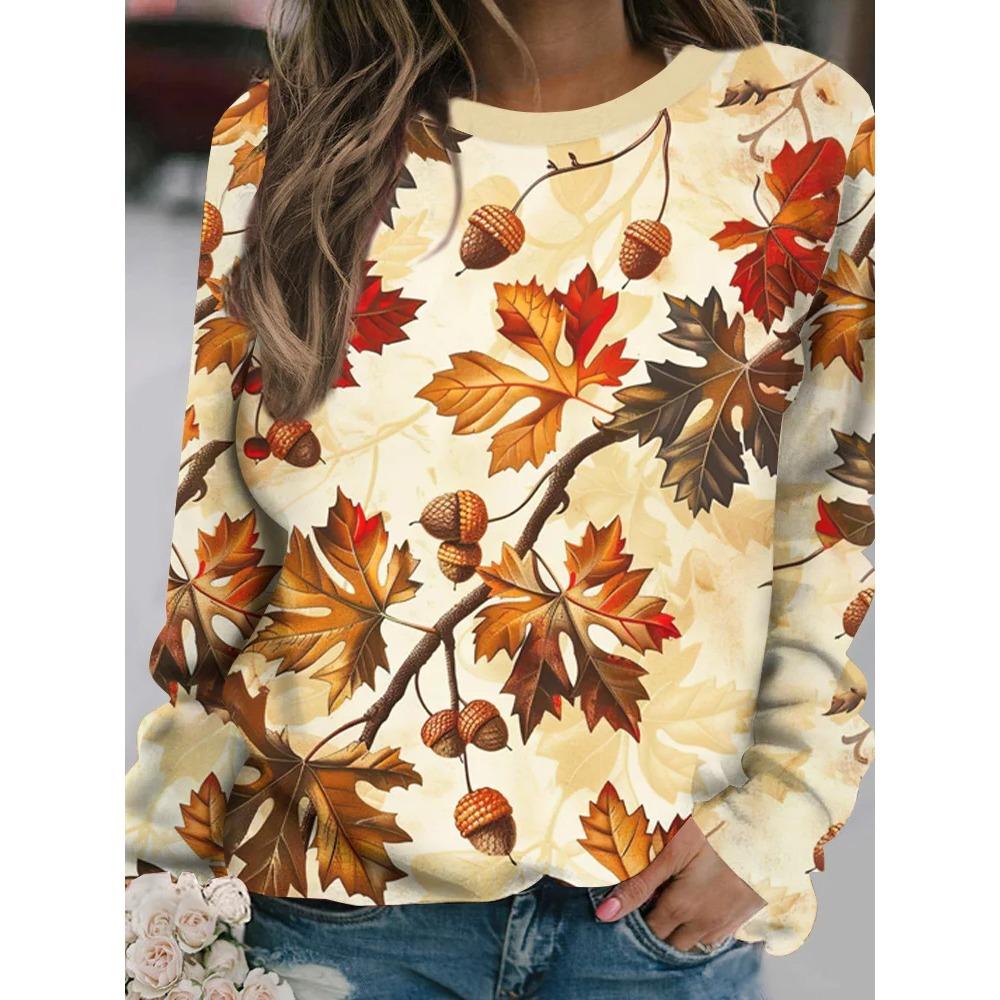 Autumn Cute Squirrel Leaves 3d Print Long Sleeve T-Shirt Women's Fashion Casual Oversized Fashion Comfortable T-shirt