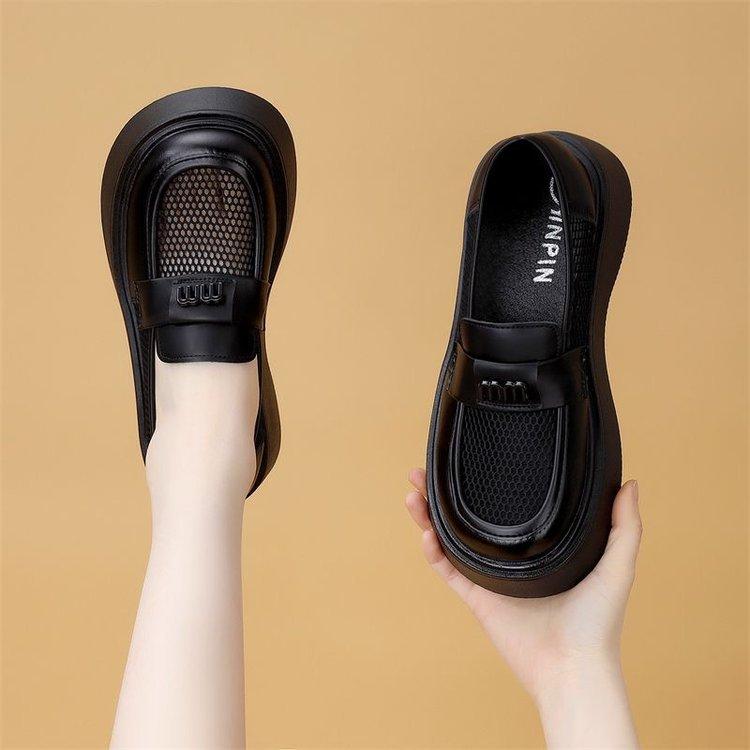 Thick-soled soft leather mesh loafers women's 2025 new hollow summer breathable British one-pedal mesh cool leather shoes
