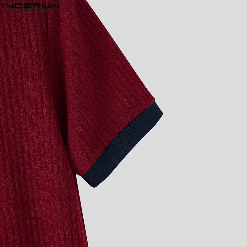 INCERUN Men Stitching Square Neck Short Sleeve Casual Woke Wear Rib T-shirts Tops