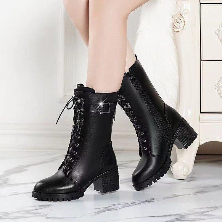 New Women'S British Style Fashion Boots - Black Lace-Up Chunky Heel Ankle Boots With Side Zipper, Trendy Fall/Winter  Boots