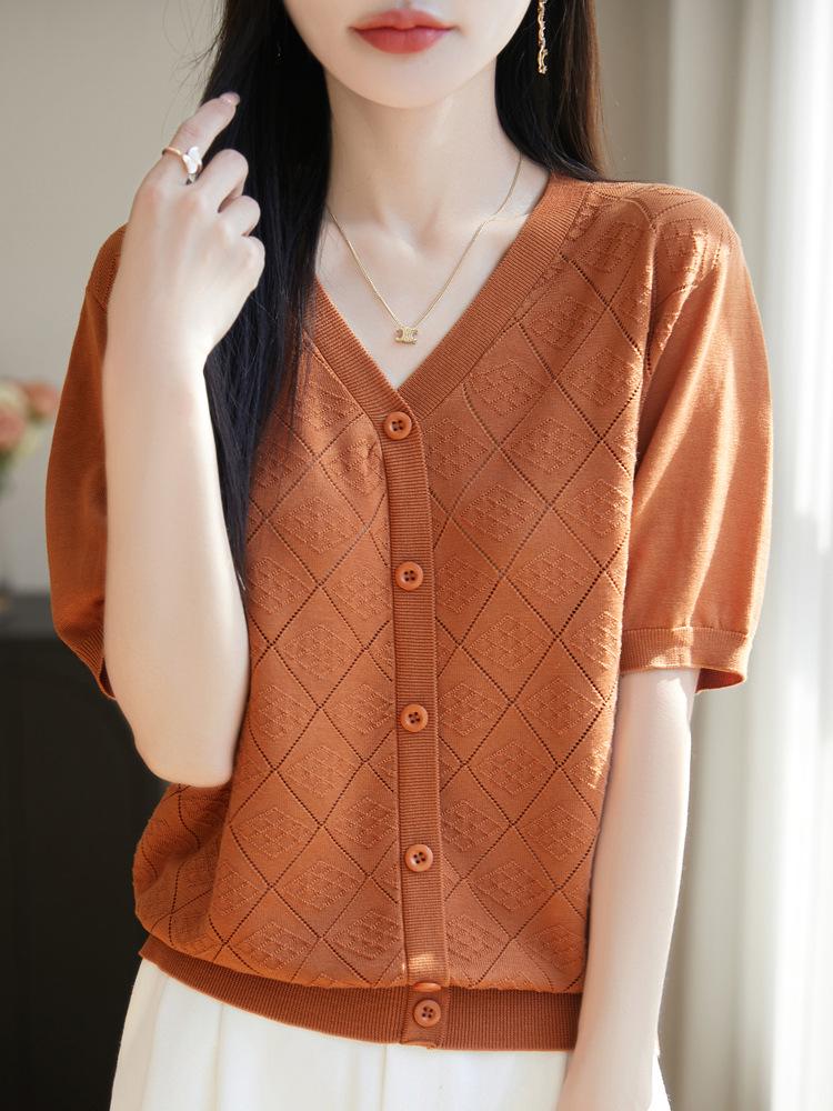 2025 V-neck Tencel Women's Casual Slimming Short-sleeved Top