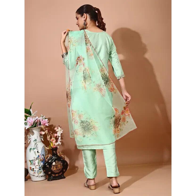 Women Art Silk Kurta Pant Dupatta Set Indian Bollywood Party Wear Tunic Kurti VF-20148