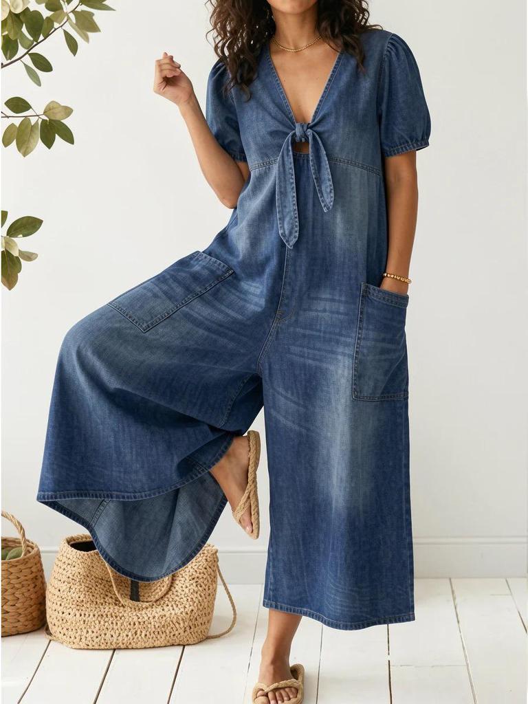 Frühling/Sommer Damen Lässiger Jeans-Overall mit V-Ausschnitt