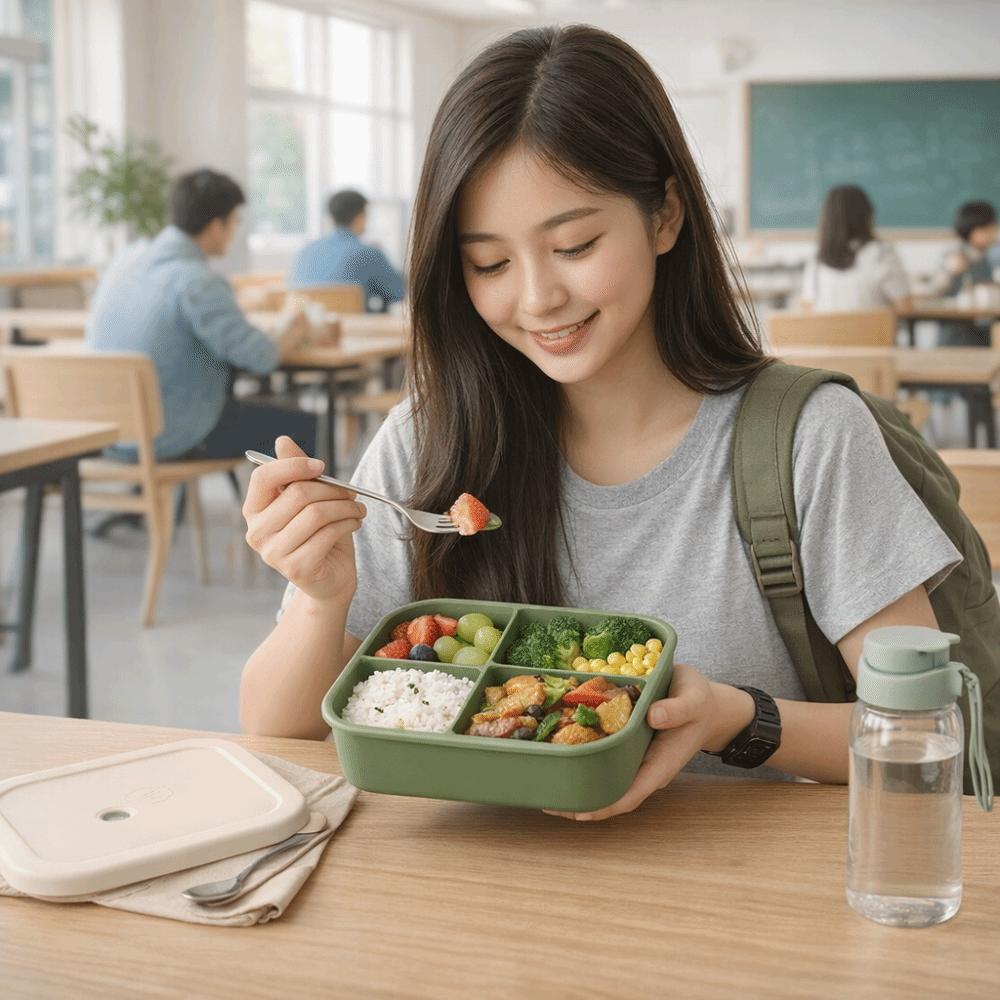 Auslaufsichere Silikon-Lunchbox 4 Fächer Lebensmittelaufbewahrungsbehälter Mittagszeit
