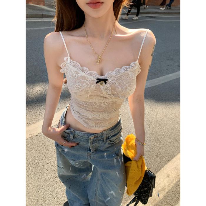 With chest pads, pure desire Spice Girl low-cut U-neck sling vest women's bottoming shirt with lace bow inside