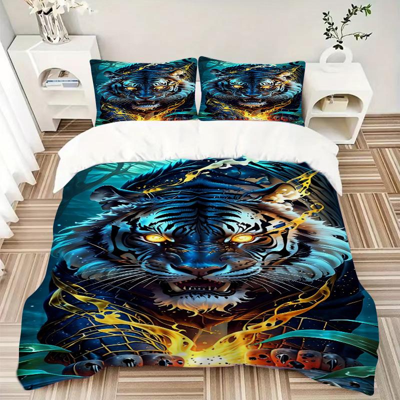 3PCs Tiger Print Design Cover Set, Breathable Fabric, Machine Washable (1 Duvet Cover + 2 Pillowcases) (Without Quilt) yy250911155