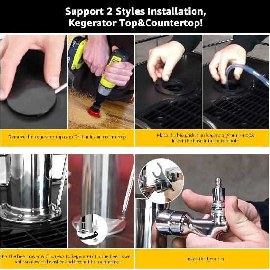 Single Tap Draft Beer Tower, Support Countertop and Kegerator Installation, Stainless Core Beer Faucet Stainless Steel 3'' Flange Brewing Tower