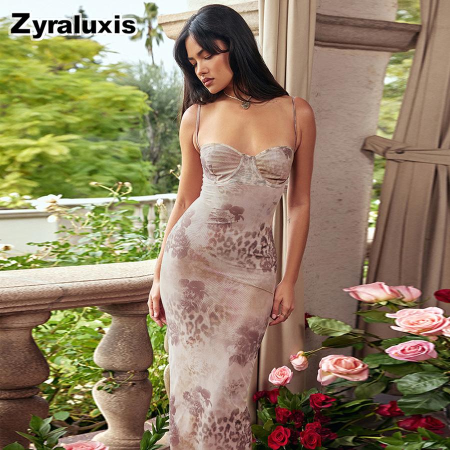 Women's Elegant Slim Fit Ruched Waist Dress Floral Print Long Gown