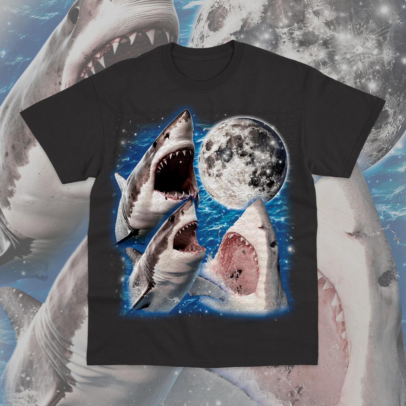 Three Sharks Moon T- Shirt Shark Ocean Sea Animal Graphic Unisex Sweater Shirt 2XL