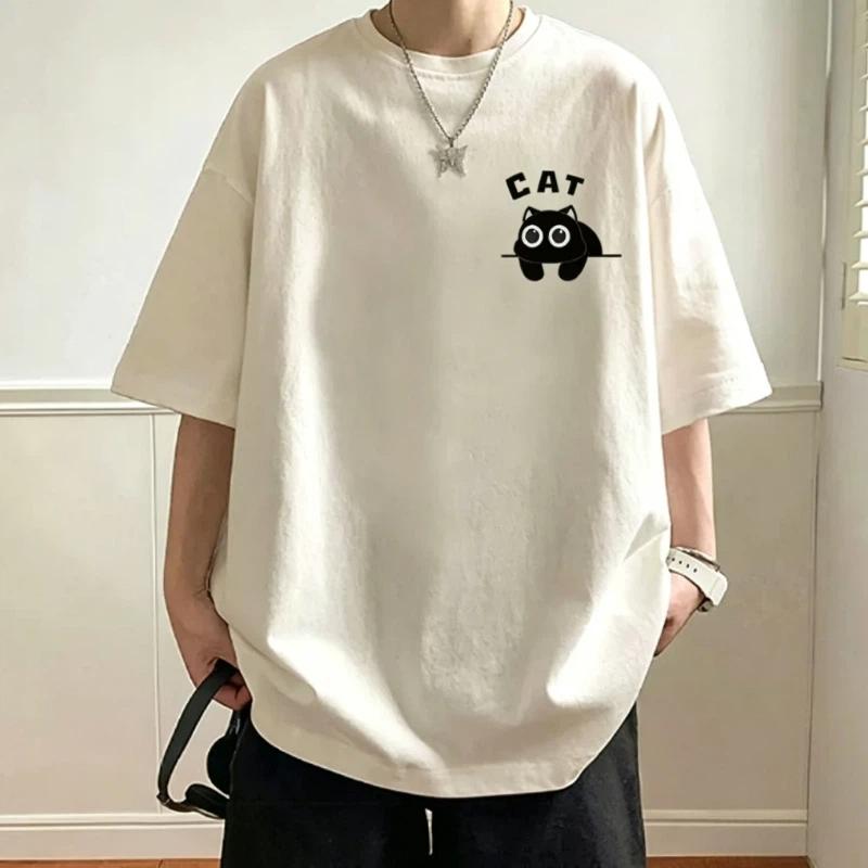 Men's Casual Oversized T‑Shirts Cute Black Cat Print Short Sleeve Tees Summer Loose Streetwear Basic Tops