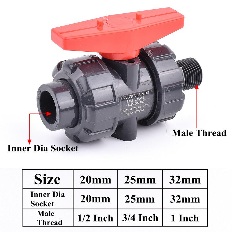 Grey 1/2 Inch~1 Inch Female Male Thread Union Ball Valve Garden Irrigation 20mm~32mm PVC Pipe Socket Water Control Valve