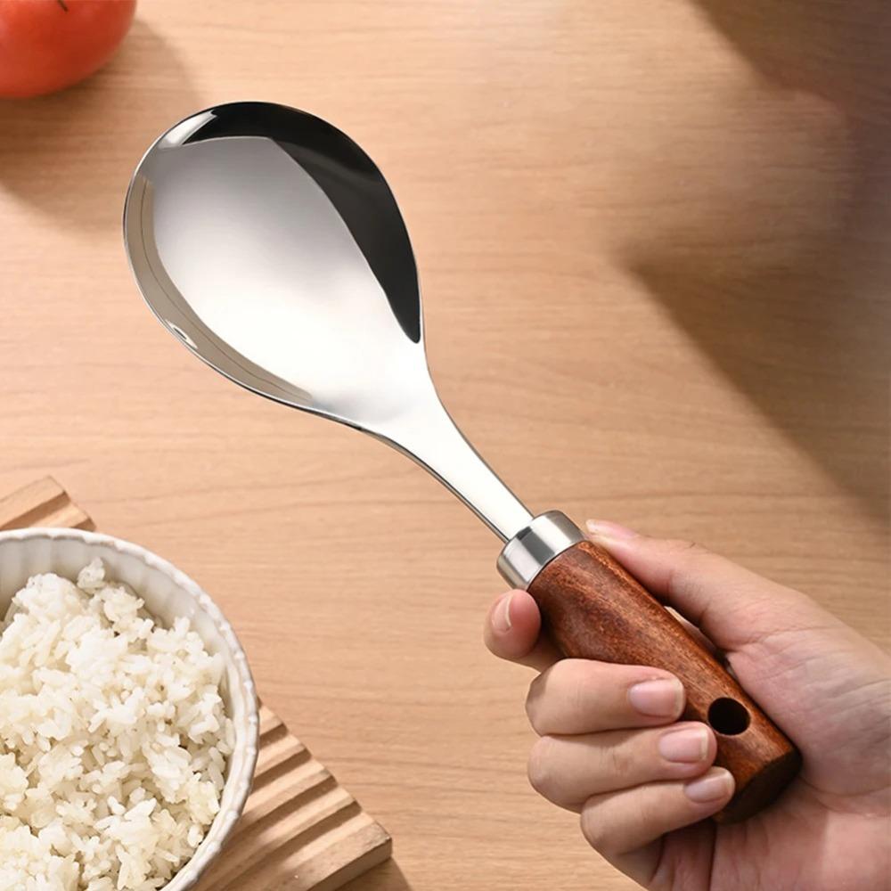 New Stainless Steel Rice Spoon Thickened Wood Handle Anti-Stick Rice Spoon Heat-resistant Easy To Clean Rice Shovel Kitchen Tool
