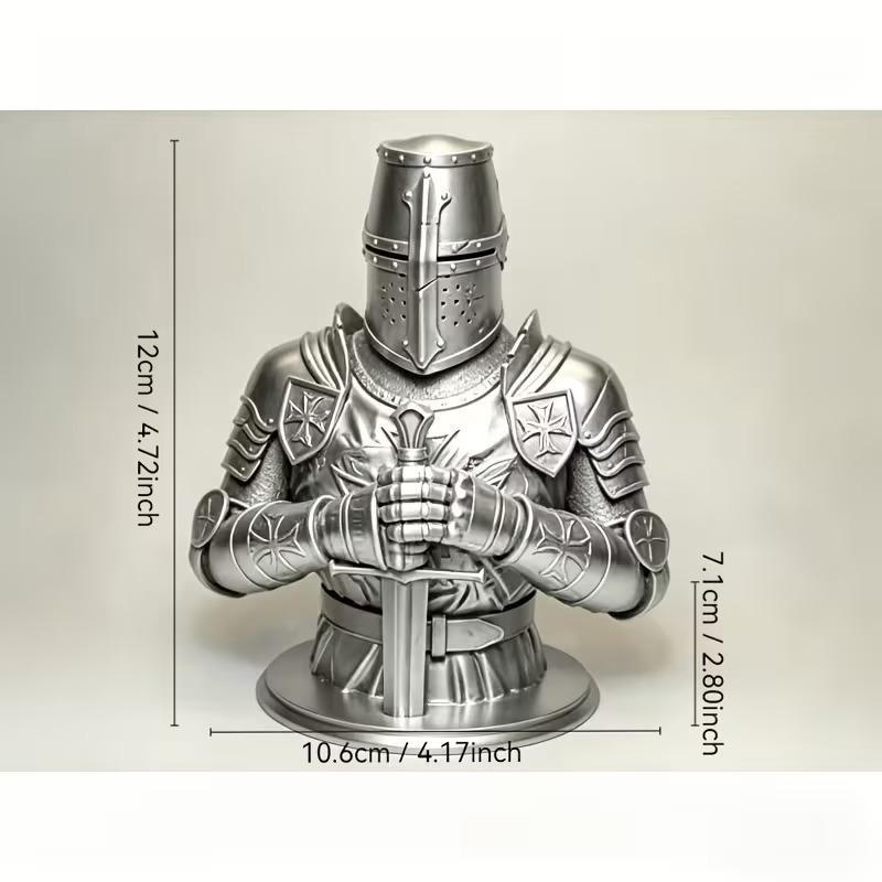 3D-printet Sølv Tempelridder Buste Statue Gotisk Skulptur Historisk Ornament Til Skrivebord Hjemmeindretning Samlerobjekt Gave