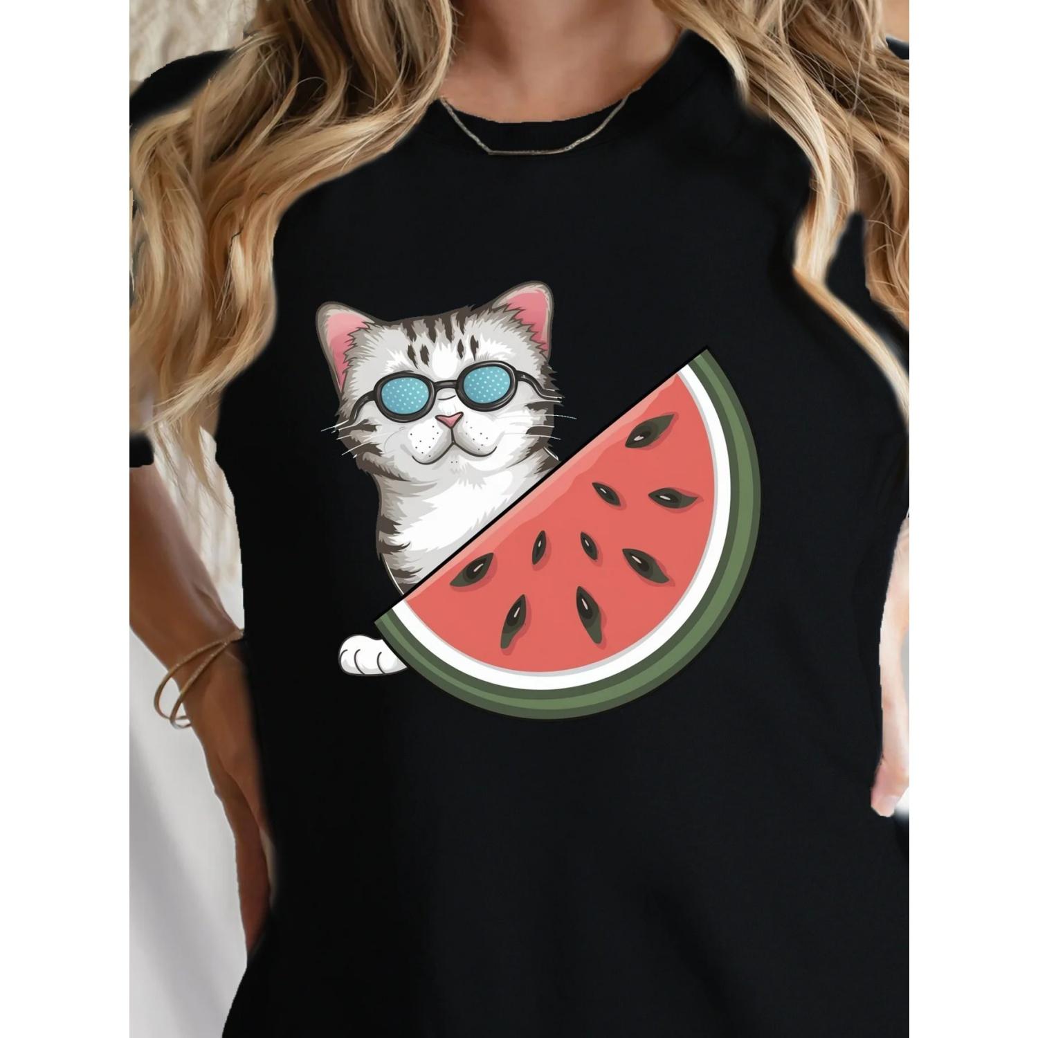 

Cute Cat Print Crew Neck T-shirt Casual Short Sleeve Top for Spring & Summer Women s Clothing S чёрный