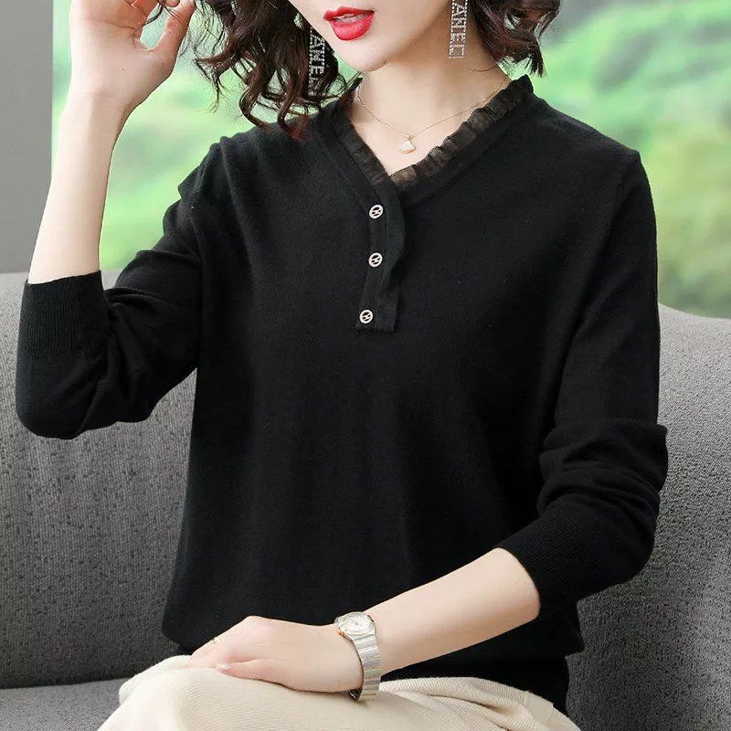 Women's Solid Fashion Lace Spliced T-shirt Spring Autumn Casual Elegant Long Sleeve V-Neck Female Knitted Thin Tops