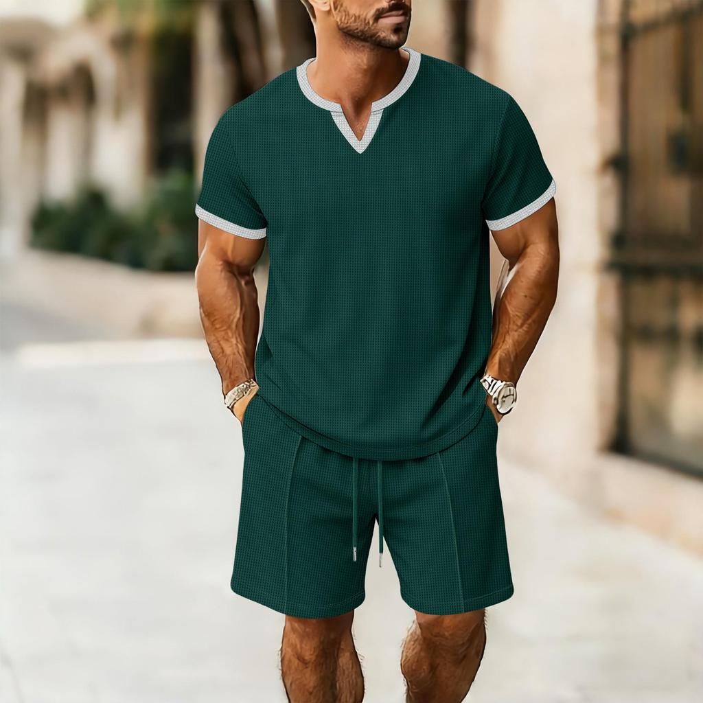 Men's V-Neck Solid Color Waffle Short Sleeve T-shirt & Shorts Set – Breathable, Loose Fit.