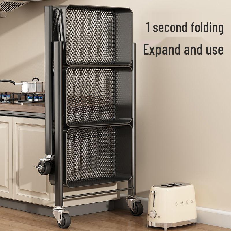 Compact Folding Carbon Steel Storage Cart for Kitchen or Bedroom
