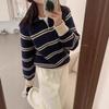 Korean-Style Striped Polo Collar Loose Thick Top for Autumn/Winter Women