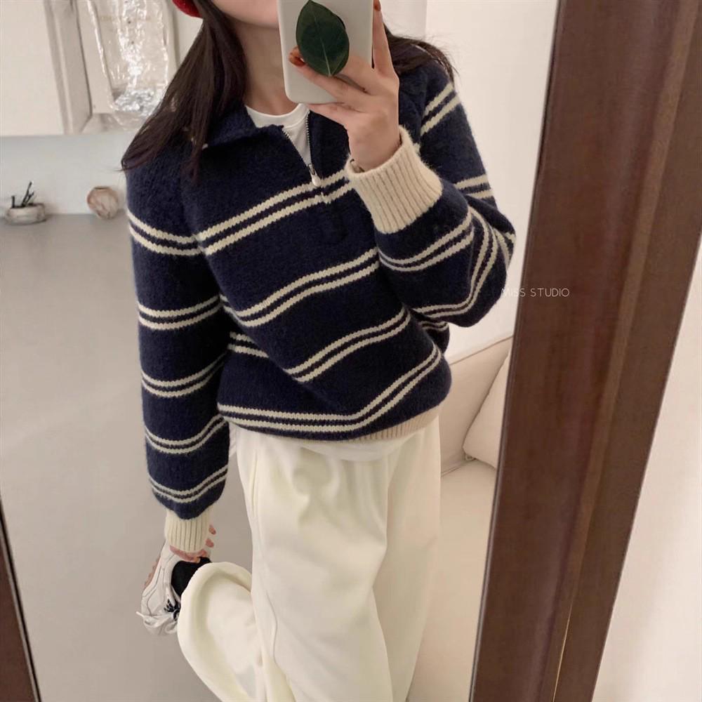 Korean-Style Striped Polo Collar Loose Thick Top for Autumn/Winter Women