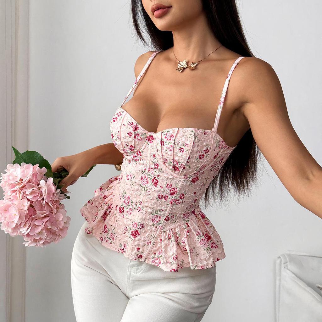 Sexy Floral Print Backless Tie-Up Bandeau Top Ruffles Slimming Spaghetti Strap Spring Summer Women's Y2K Fashion Tops